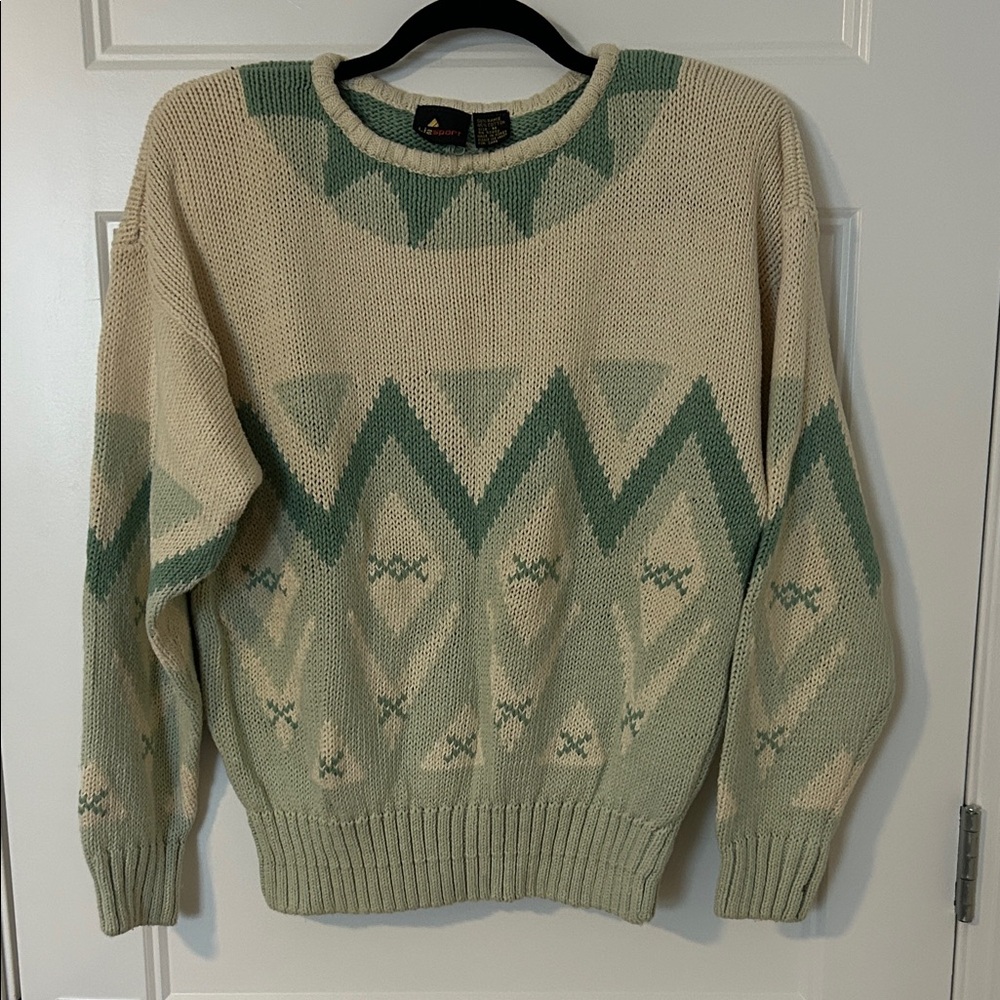 Vintage Lizsport Geometric Pattern Crewneck Sweater in Green and Cream